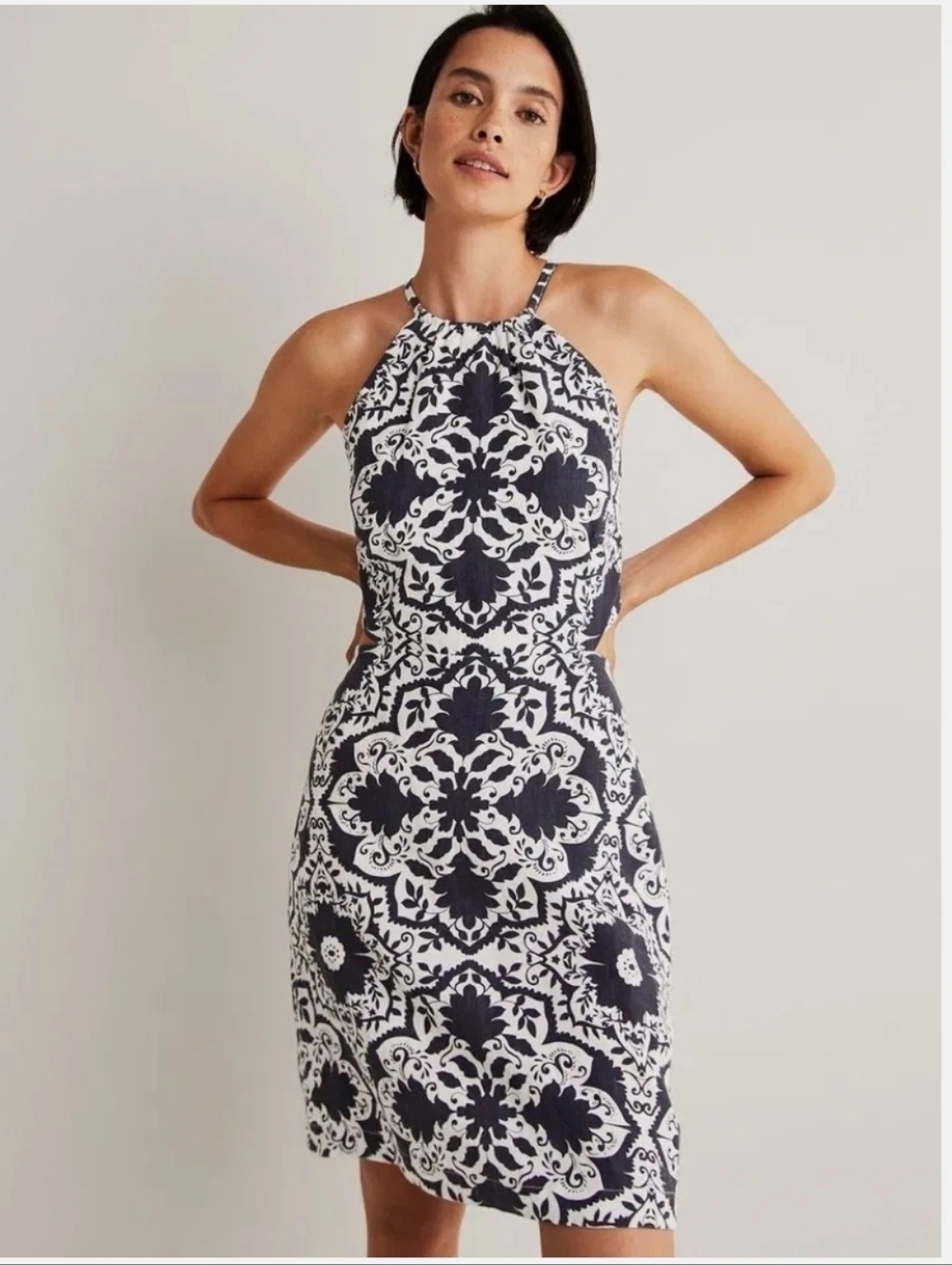 BODEN HALTER NECK OPEN BACK LINEN NAVY / WHITE FLORAL DRESS